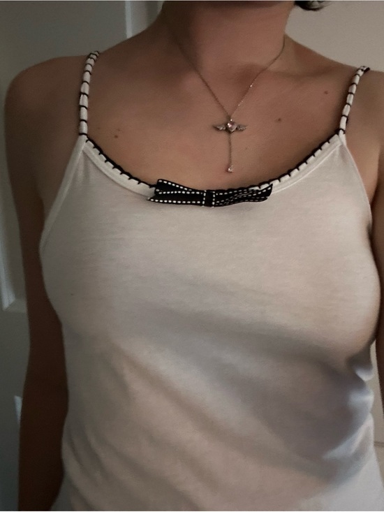 Tops - White Spaghetti Strap Camisole with Black Trim & Bow